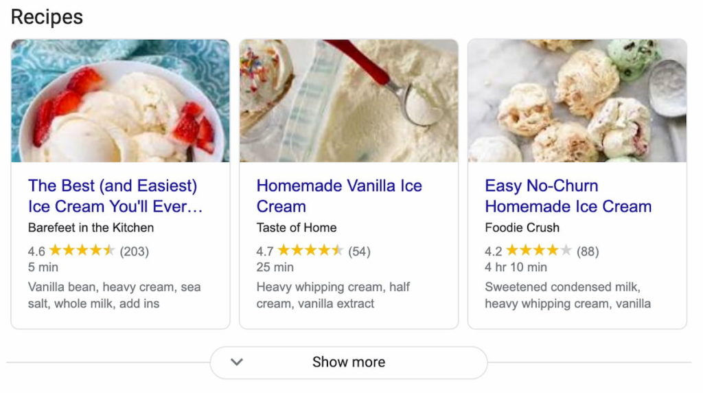 A rich snippet for a recipe. This is formulated using SEO techniques.