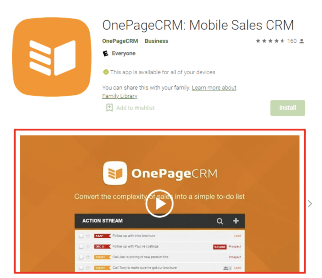 A screenshot of the OnePageCRM, optimized in the app store.