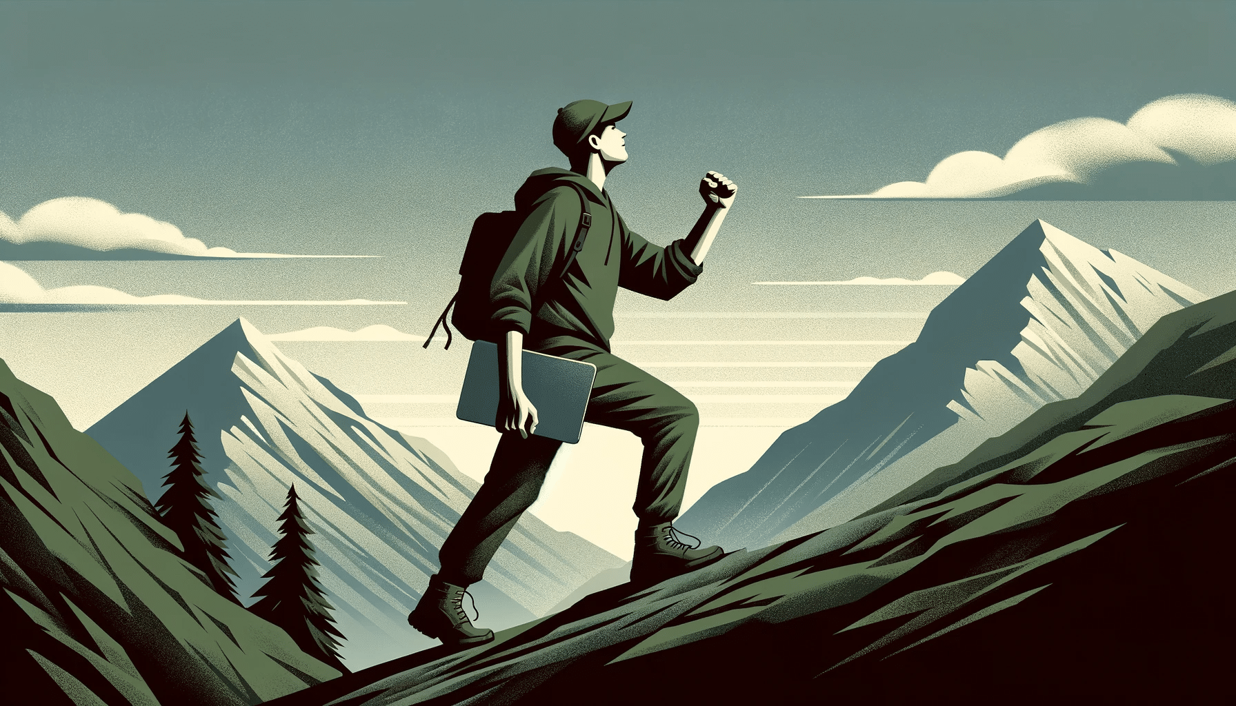 A cartoon man climbing a mountain looking triumphant.