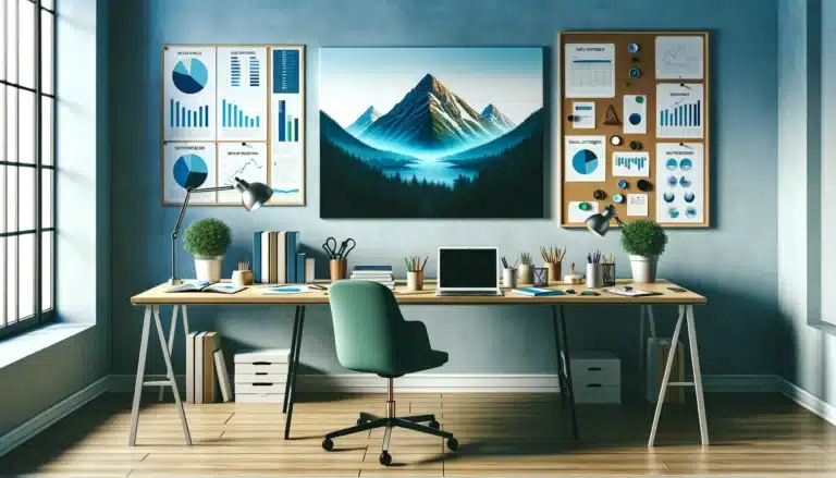 A computer desk with a picture of a mountain in the background.