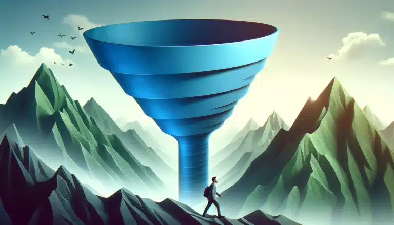 A man walking down a mountain with a funnel in the background.